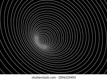 Vector optical art illusion of striped geometric black and white abstract line surface flowing like a hypnotic worm-hole tunnel. Optical illusion style design.