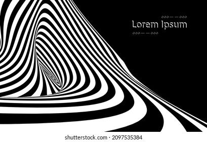 Vector optical art illusion of striped geometric black and white abstract surface flowing like a hypnotic wormhole tunnel. Optical illusion style design.