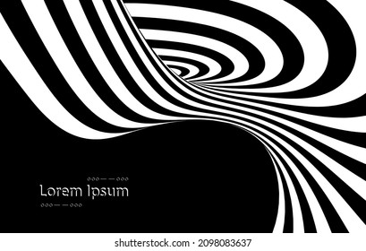 Vector optical art illusion of striped geometric black and white abstract surface flowing like a hypnotic wormhole tunnel. Optical illusion style design.