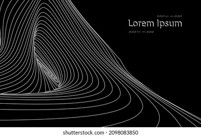 Vector optical art illusion of striped geometric black and white abstract line surface flowing like a hypnotic worm-hole tunnel. Optical illusion style design.