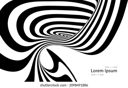 Ilusión de arte óptico vectorial de una superficie abstracta geométrica a rayas, en blanco y negro, que fluye como un túnel de gusano hipnótico. Diseño de estilo de ilusión óptica.