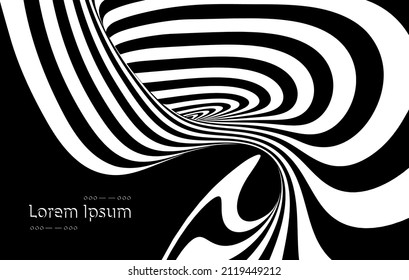 Vector optical art illusion of striped geometric black and white abstract surface flowing like a hypnotic wormhole tunnel. Optical illusion style design.