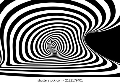 Vector optical art illusion of striped geometric black and white abstract surface flowing like a hypnotic wormhole tunnel. Optical illusion style design.