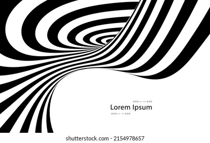 Vector optical art illusion of striped geometric black and white abstract line folding and bending surface. Optical illusion style design.