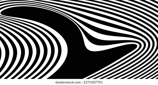 Vector optical art illusion of striped geometric black and white abstract line folding and bending surface. 