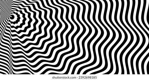 Ilusión de arte óptico vectorial de la superficie plegable y plegable de líneas abstractas geométricas a rayas en blanco y negro. Diseño de estilo de ilusión óptica.