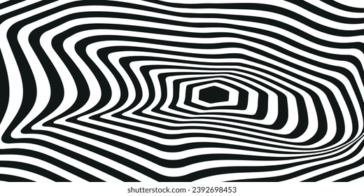 Vector optical art illusion of striped geometric black and white abstract line surface flowing like a hypnotic worm-hole tunnel. Optical illusion style design.