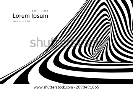 Vector optical art illusion of striped geometric black and white abstract surface flowing like a hypnotic wormhole tunnel. Optical illusion style design.