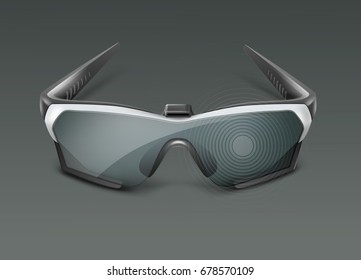 Vector optical head-mounted display or augmented reality smart glasses front view isolated on dark background VR AR