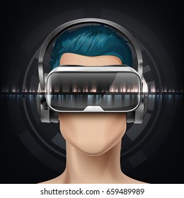 Vector Optical Head-mounted Display Or Virtual Reality Glasses And Headphones On Faceless Mannequin With Futuristic Holographic Image Front View VR AR