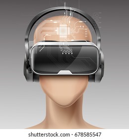 Vector Optical Head-mounted Display Or Virtual Reality Glasses And Headphones On Faceless Mannequin With Futuristic Holographic Image Front View AR VR