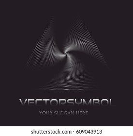 Vector optical illusion. Abstract symbol in the shape of swirling triangles made from dots. Vector design element on black background.