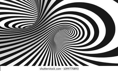 Vector optical illusion black and white twisted stripes abstract background.