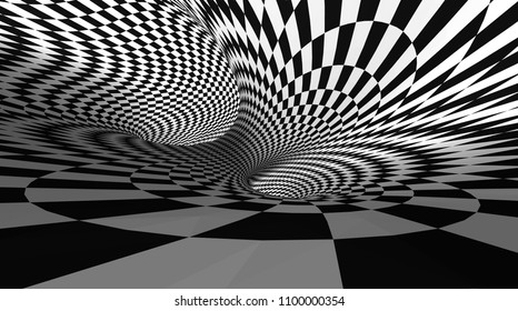 Vector optical illusion black and white twisted checker abstract background.