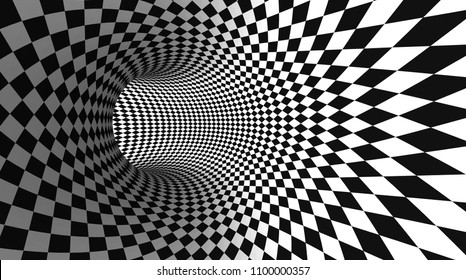 Vector optical illusion black and white twisted checker abstract background.