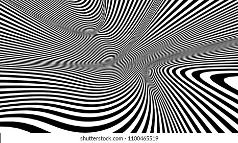 Vector optical illusion black and white twisted stripes abstract background.