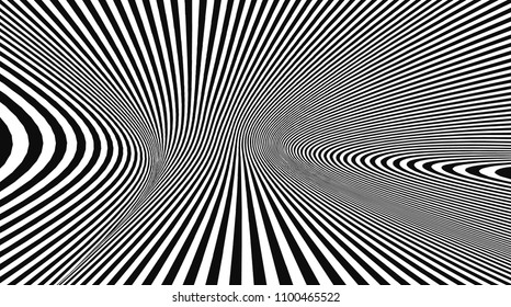 Vector optical illusion black and white twisted stripes abstract background.