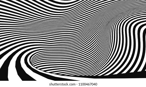 Vector optical illusion black and white twisted stripes abstract background.