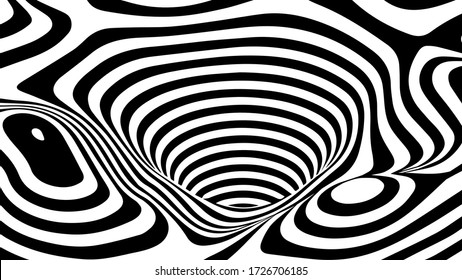 Ilusión óptica vectorial con líneas blancas y negras. Fondo de la curva abstracta. Túnel tecnológico.