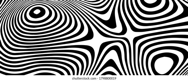 Vector optical illusion with black and white lines. Abstract curve background.