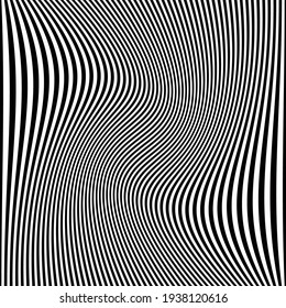 Vector optical illusion. Black and white twisted stripes abstract background. Seamless striped pattern.