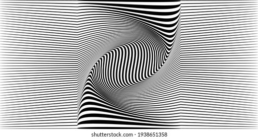 Vector optical illusion. Black and white twisted stripes abstract background. Striped pattern.