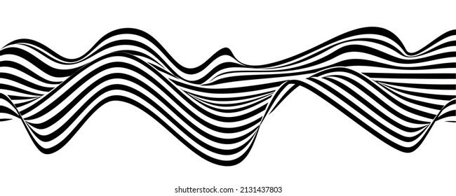 Vector optical illusion with black and white lines. Abstract curve wave background.