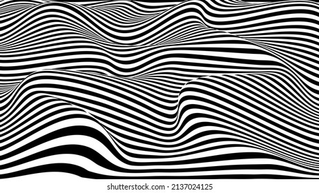 Vector optical illusion with black and white lines. Abstract curve wave background.