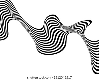 Vector optical illusion with black and white lines. Abstract curve wave background.