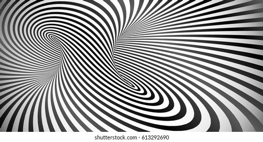 Vector optical illusion black and white twisted stripes abstract background