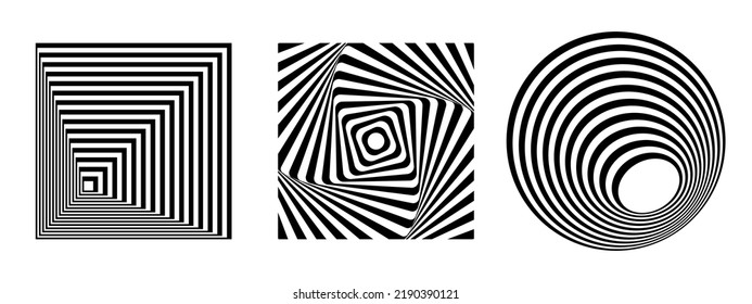 Vector Optical Illusion Figures. Set Of Deformed Squares And Circles, Ripple Effect. Template Website Icon, Digital Virtual Background, White Lines On Black.