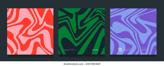 Vector Optical Set in Red, Blue, Violet Colors. Abstract 3d Patterns in Psychedelic Retro Style. Art Crazy Liquid Stripe for Poster, Website, Placard, Cover, Advertising. Vector illustration 