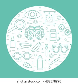 Vector optometry round concept. Optician, ophtalmology, vision correction, eye test, eye care, eye diagnostic. Optical set