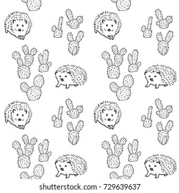 Vector Opuntia and Funny Hedgedog Seamless Pattern on White. Tropical Cactus and Animal Background. Vector pattern with chameleons reptiles. Background with chameleons and cactuses.