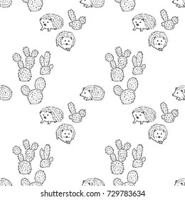Vector Opuntia and Funny Hedgedog Seamless Pattern on White. Tropical Cactus and Animal Background. Vector pattern with chameleons reptiles. Background with chameleons and cactuses.