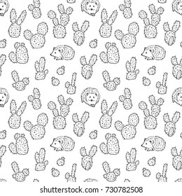 Vector Opuntia and Funny Hedgedog Seamless Pattern on White. Tropical Cactus and Animal Background. Vector pattern with chameleons reptiles. Background with chameleons and cactuses.