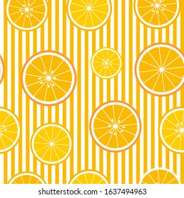 Vector oragne seamless background with stripes and oranges slices. Vector fruit design for pattern or template.