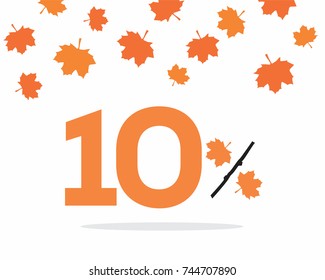 Vector orange 10% text designed with an autumn maple leaf and stick branch percent icon on white background with leaves. For autumn sale campaigns.