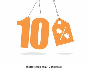 Vector orange 10% text and a price tag label designed with an autumn maple leaf and stick branch percent icon on air with shadow isolated on white background. For autumn sale campaigns.