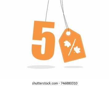 Vector orange 5% text and a price tag label designed with an autumn maple leaf and stick branch percent icon on air with shadow isolated on white background. For autumn sale campaigns.