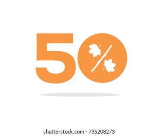 Vector orange 50% text with autumn maple leaves on air with shadow. For autumn sale campaigns.