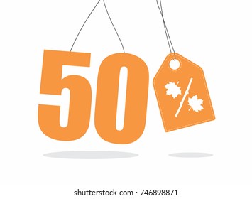 Vector orange 50% text and a price tag label designed with an autumn maple leaf and stick branch percent icon on air with shadow isolated on white background. For autumn sale campaigns.