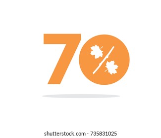 Vector orange 70% text with autumn maple leaves on air with shadow. For autumn sale campaigns.