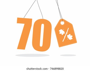 Vector orange 70% text and a price tag label designed with an autumn maple leaf and stick branch percent icon on air with shadow isolated on white background. For autumn sale campaigns.