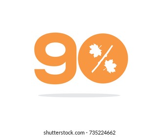 Vector orange 90% text with autumn maple leaves on air with shadow. For autumn sale campaigns.