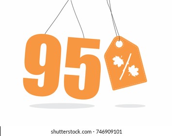 Vector orange 95% text and a price tag label designed with an autumn maple leaf and stick branch percent icon on air with shadow isolated on white background. For autumn sale campaigns.