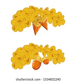 Vector orange acorns on a golden oak branch with golden leaves. Illustration isolated on white. Jewelry nuts