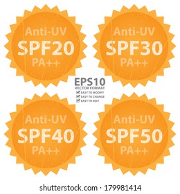 Vector : Orange Anti-UV SPF 20-50 PA++ Icon or Label Isolated on White Background