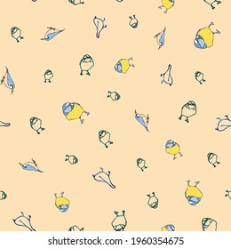 Vector orange background birds silhouette seamless pattern. Blue tit, Purple Finch, Seamless pattern background