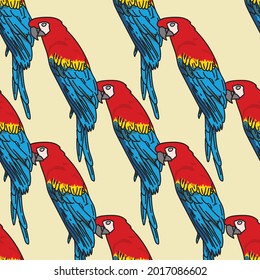 Vector orange background tropical birds, parrots, macaw, exotic cockatoo birds. Seamless pattern background